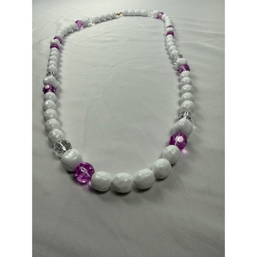 Monet Vintage Beaded‎ Necklace White Purple Clear Beads Gold Tone 38 Inch Signed